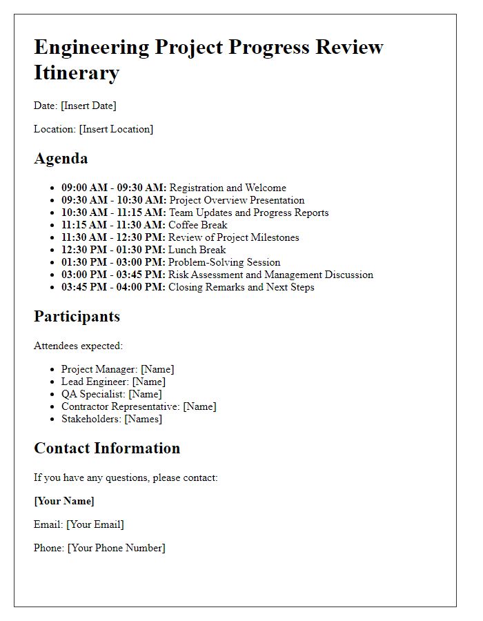 Letter template of engineering project progress review itinerary