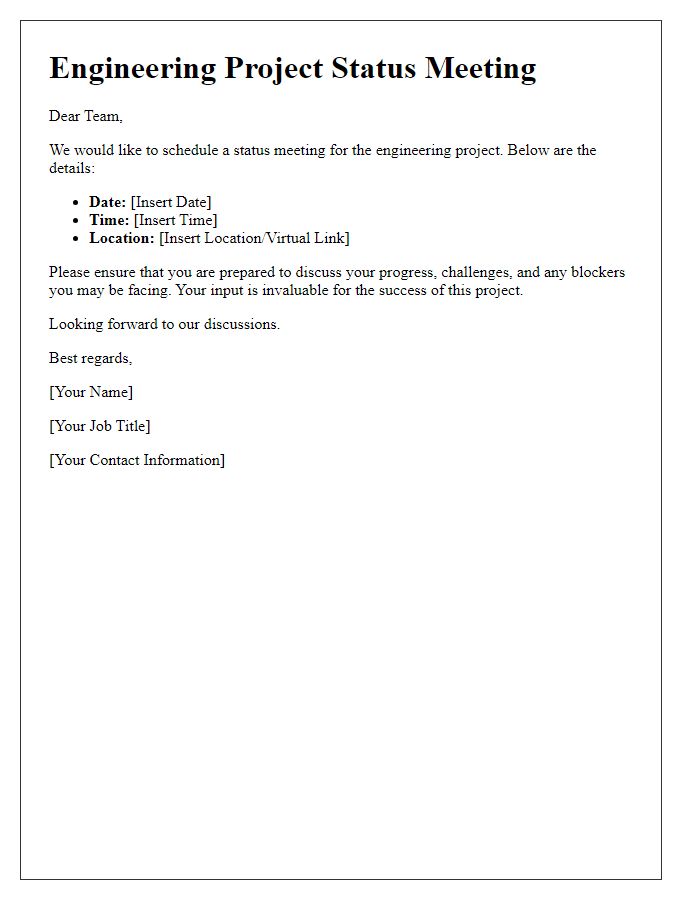 Letter template of engineering project status meeting schedule
