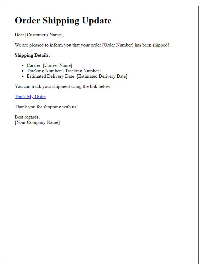 Letter template of online order shipping update