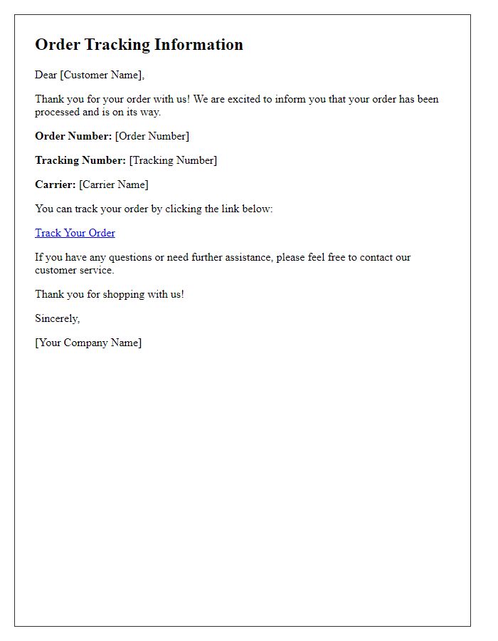 Letter template of online order tracking information