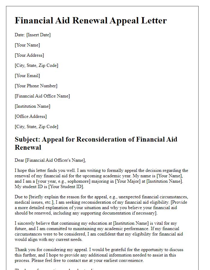 Letter template of financial aid renewal appeal for reconsideration