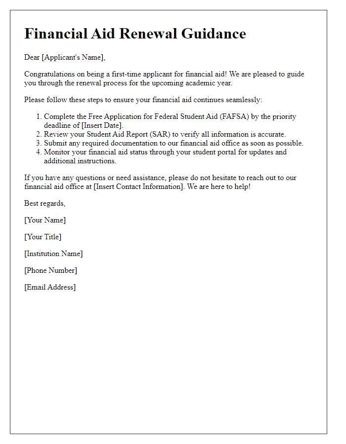 Letter template of financial aid renewal guidance for first-time applicants