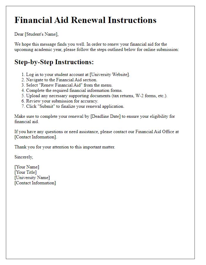 Letter template of financial aid renewal instructions for online submission