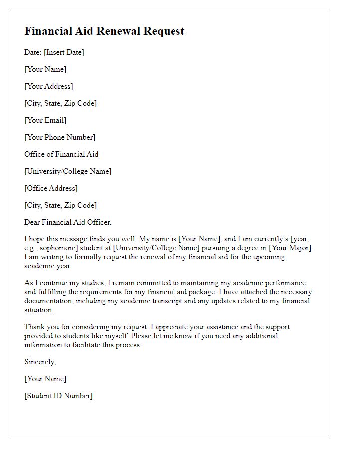 Letter template of financial aid renewal request for continuing students