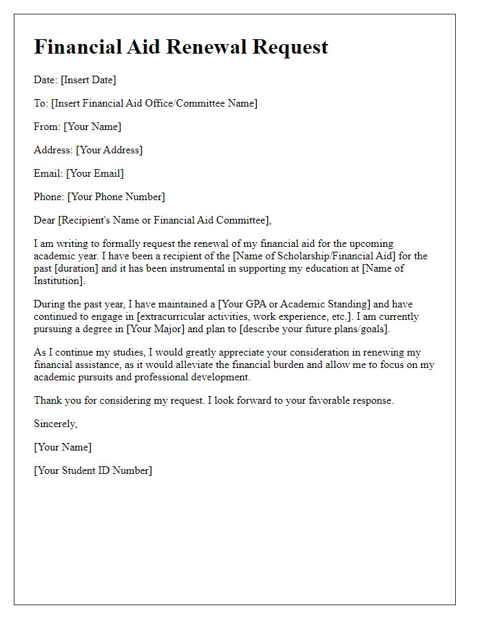 Letter template of financial aid renewal for scholarship assistance