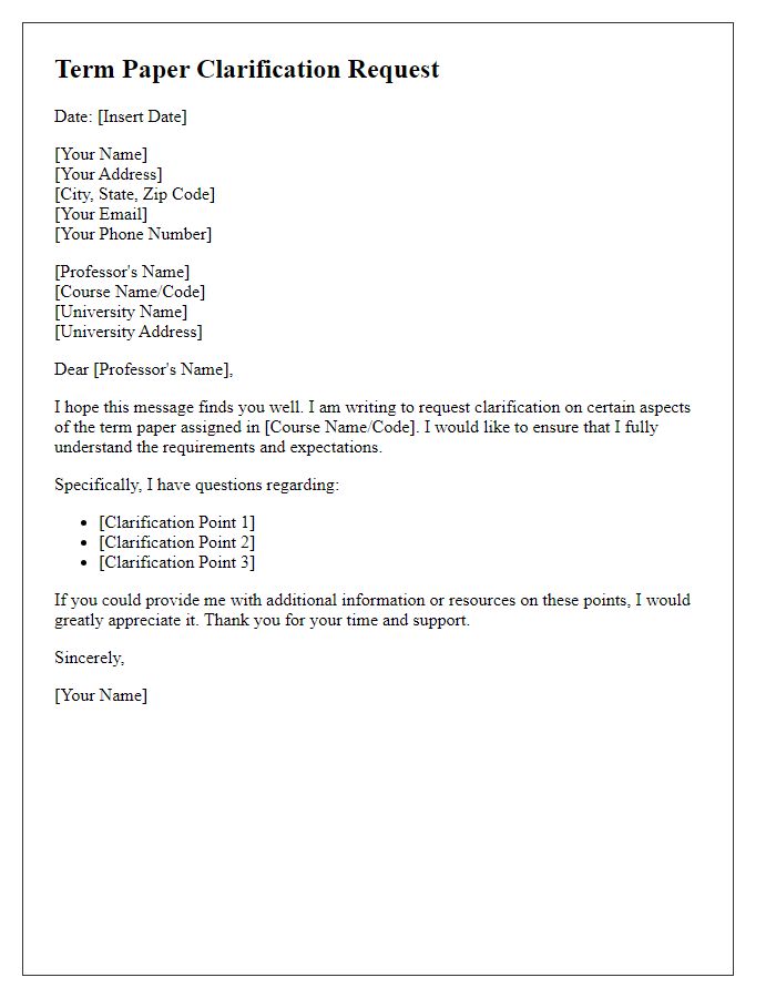 Letter template of term paper clarification request