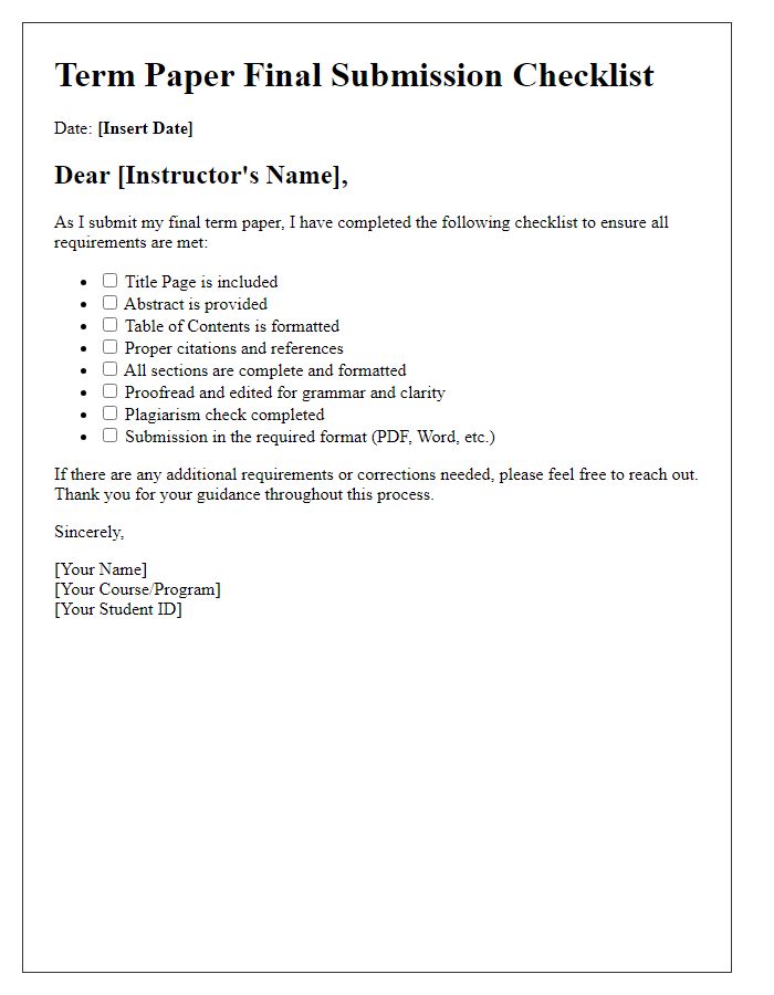 Letter template of term paper final submission checklist