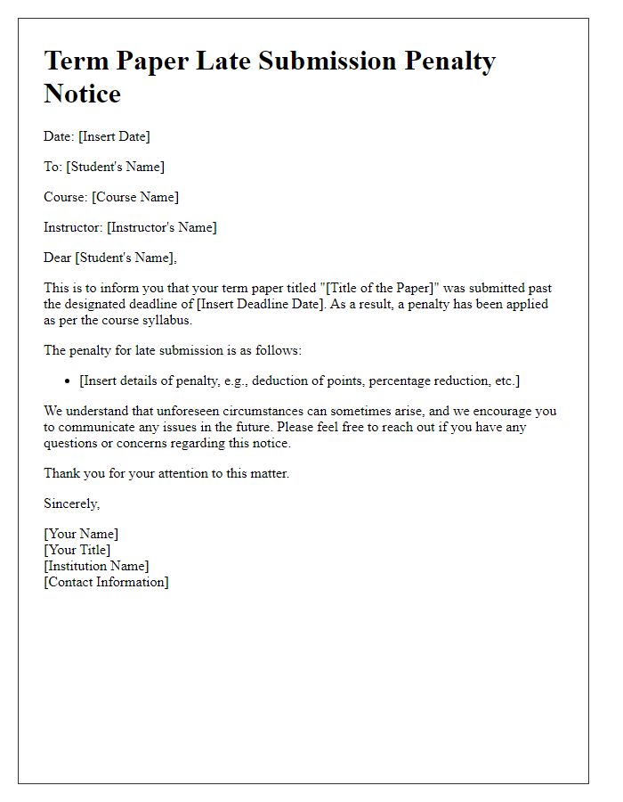 Letter template of term paper late submission penalty notice