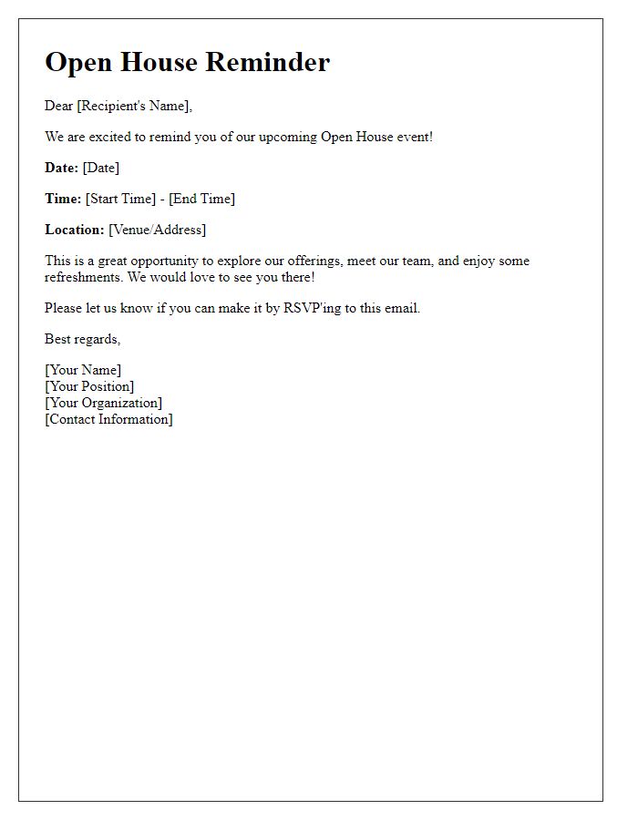 Letter template of Open House Announcement Reminder