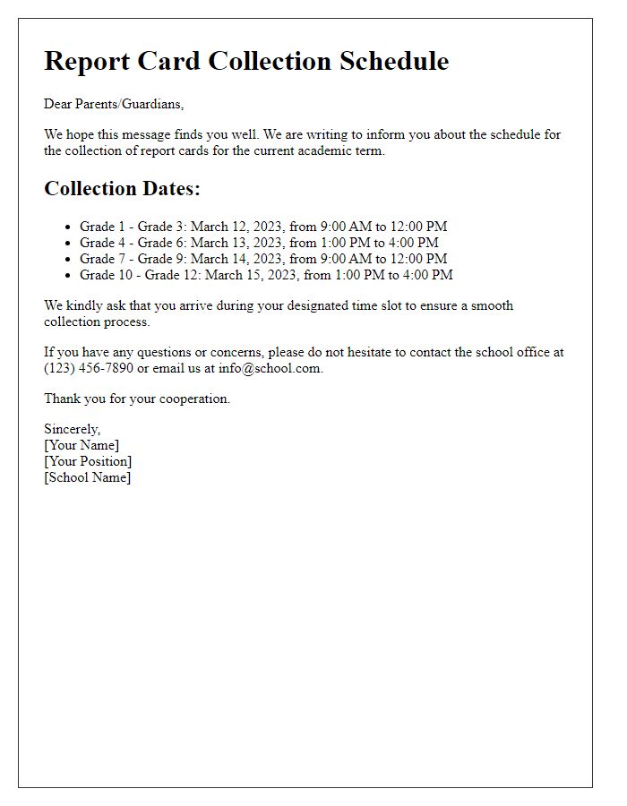 Letter template of report card collection schedule