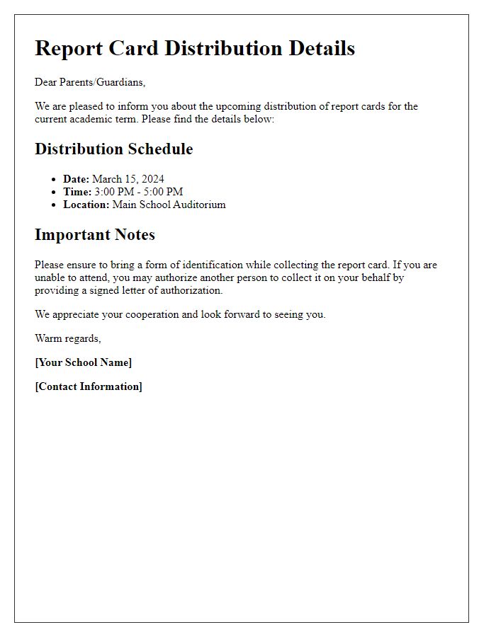 Letter template of report card distribution details