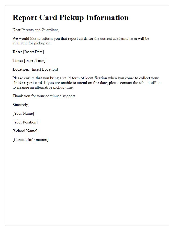 Letter template of report card pickup information