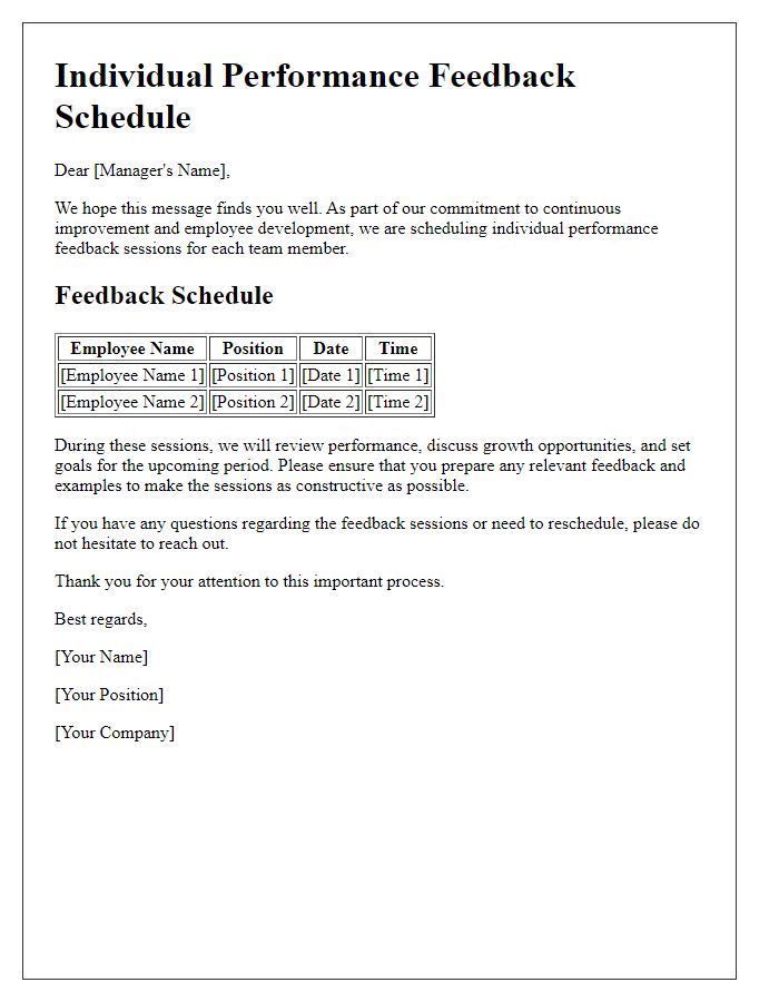 Letter template of individual performance feedback schedule for managers