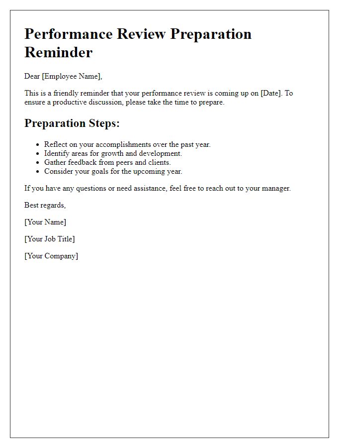 Letter template of review preparation reminder for employees