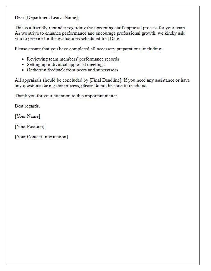 Letter template of staff appraisal reminder for department leads