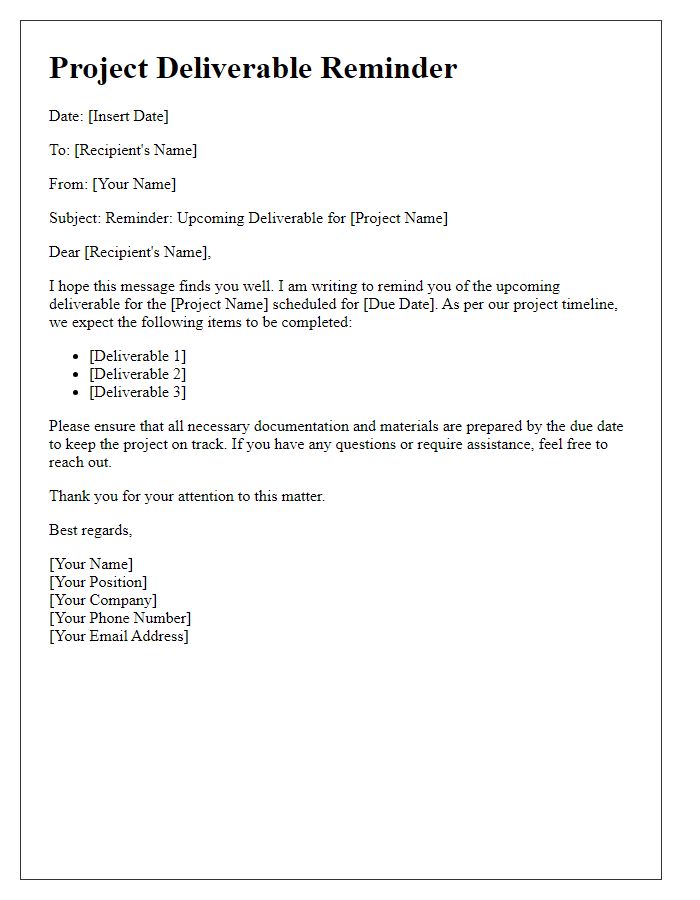 Letter template of construction project deliverable reminder