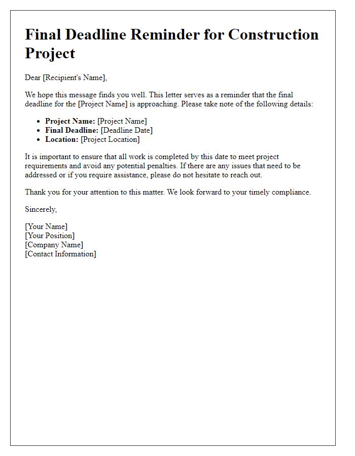 Letter template of construction project final deadline reminder