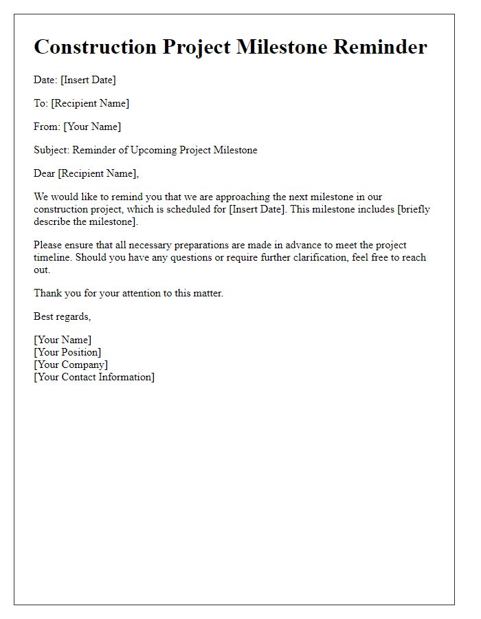 Letter template of construction project milestone reminder