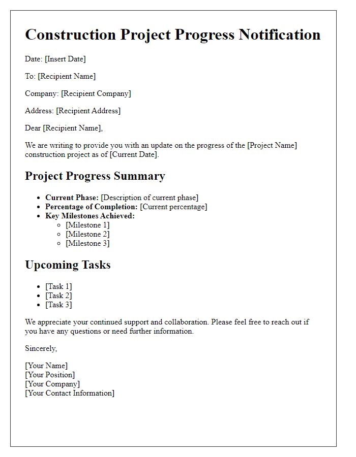 Letter template of construction project progress notification