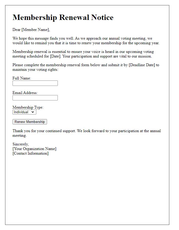 Letter template of membership renewal forms for annual voting meeting