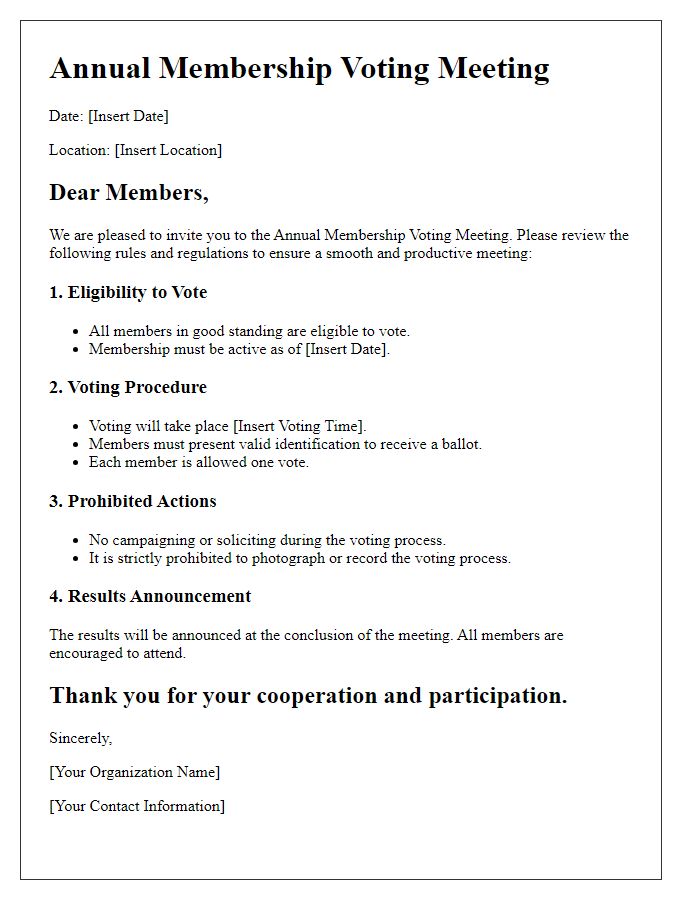 Letter template of rules and regulations for annual membership voting meeting