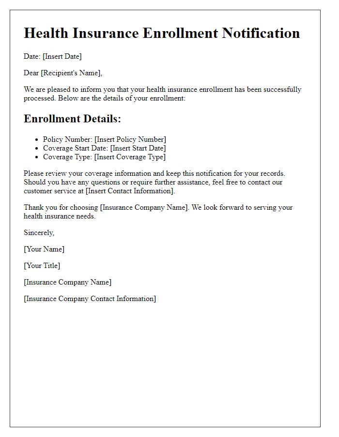 Letter template of health insurance enrollment notification