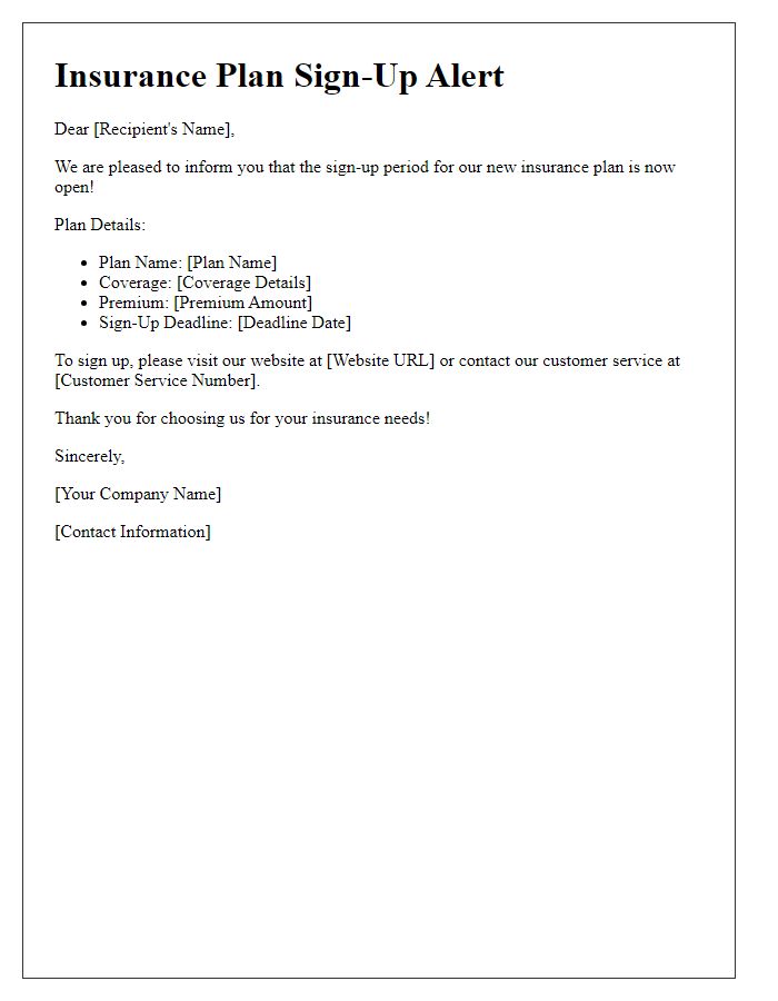 Letter template of insurance plan sign-up alert