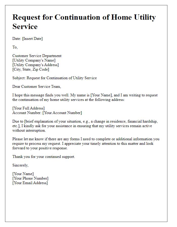 Letter template of home utility service continuation request