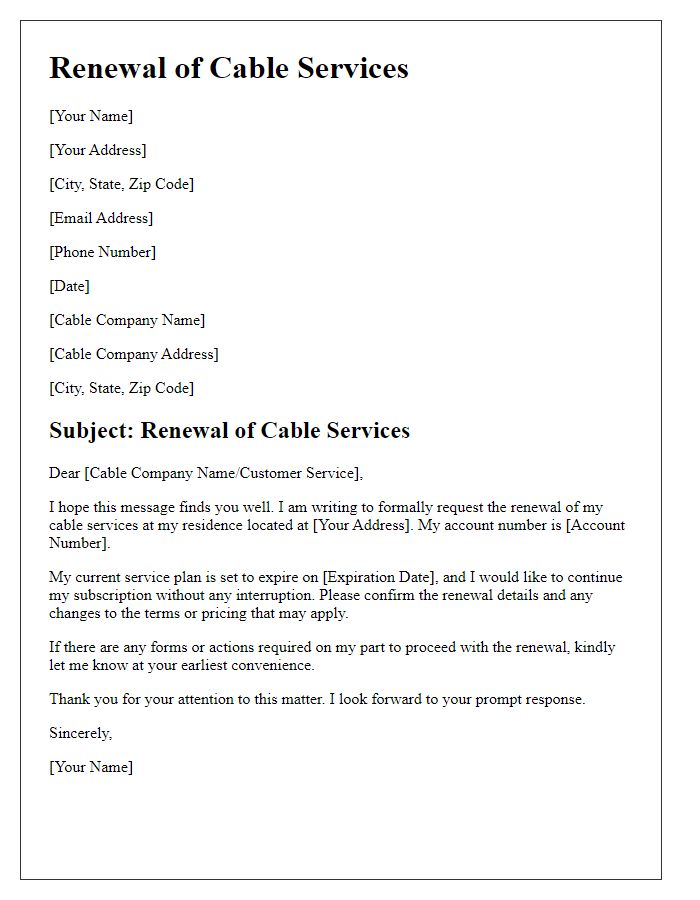 Letter template of renewing cable services for residence