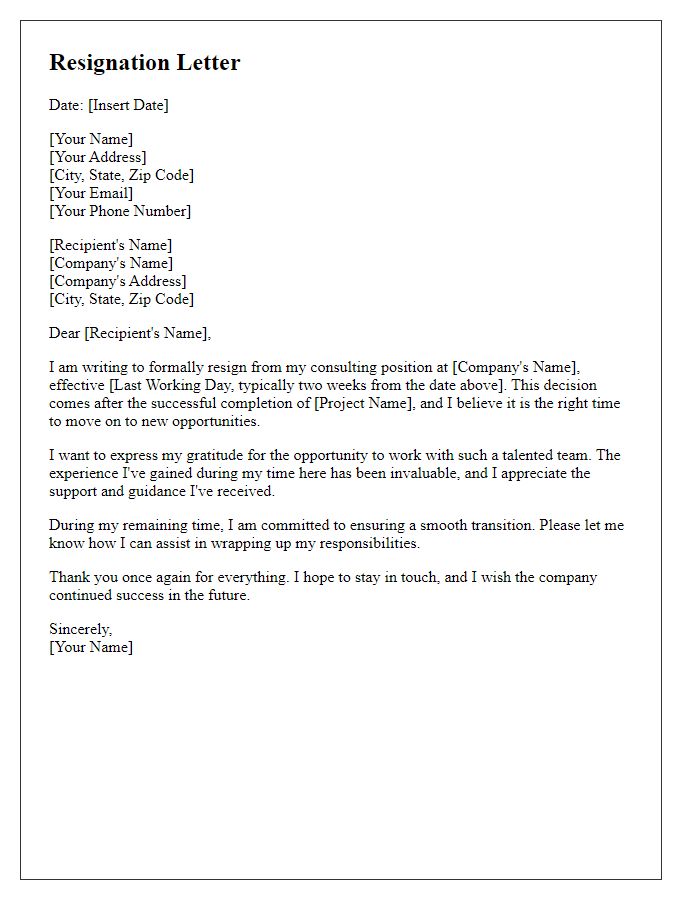 Letter template of resignation from a consulting position after a project completion.