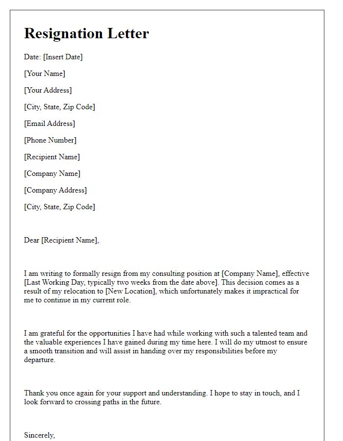 Letter template of resignation from a consulting position for relocation.