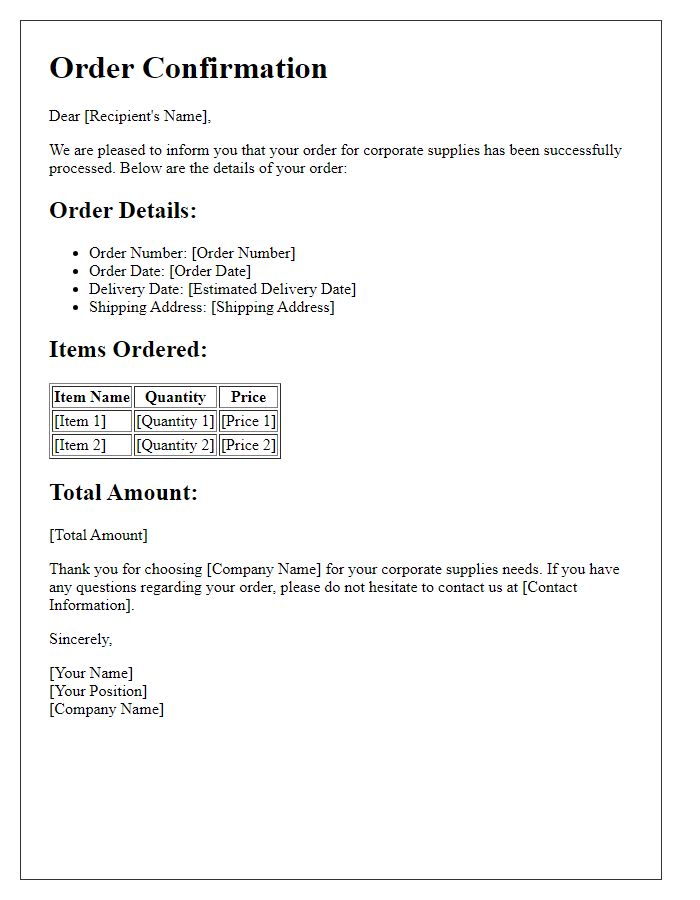 Letter template of corporate supplies order confirmation