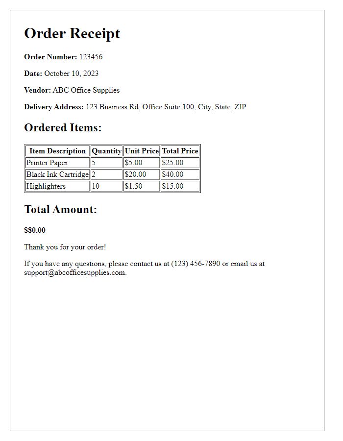 Letter template of office consumables order receipt