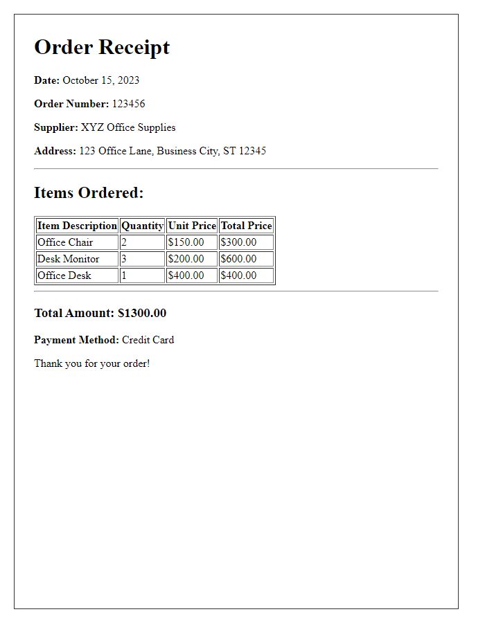 Letter template of office equipment order receipt