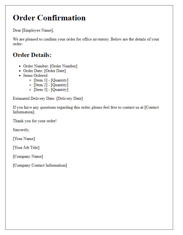 Letter template of office inventory order confirmation