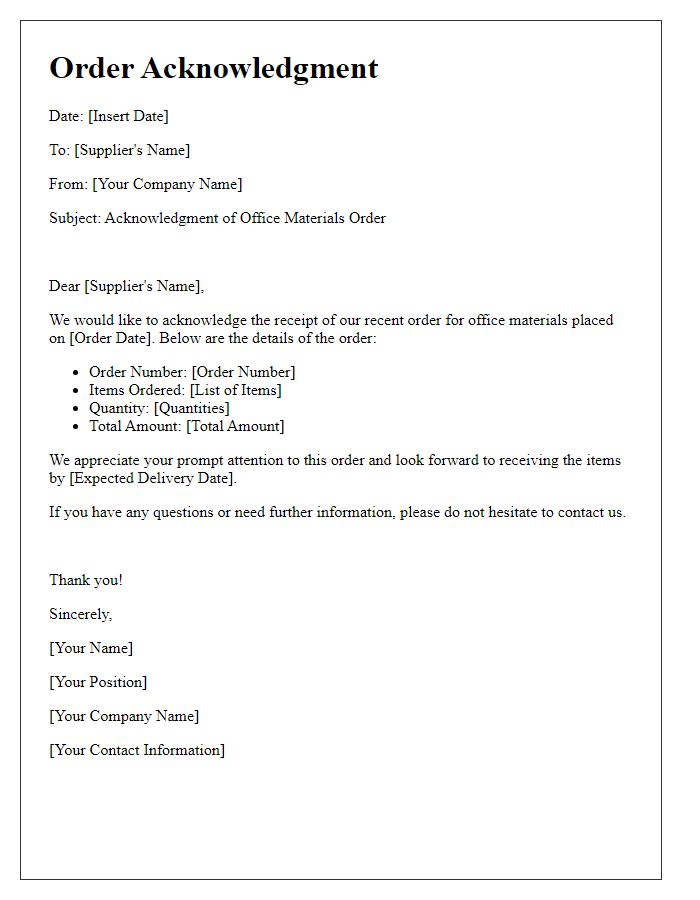 Letter template of office materials order acknowledgment