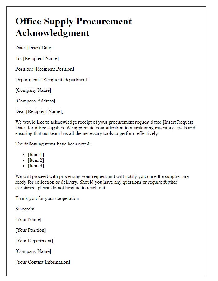 Letter template of office supply procurement acknowledgment