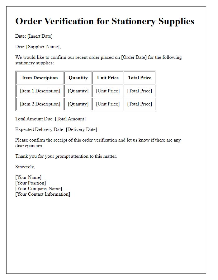 Letter template of stationery supplies order verification