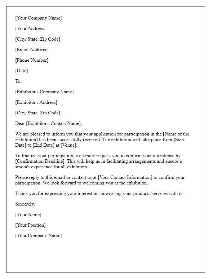 Letter template of exhibition participation confirmation request for exhibitors.