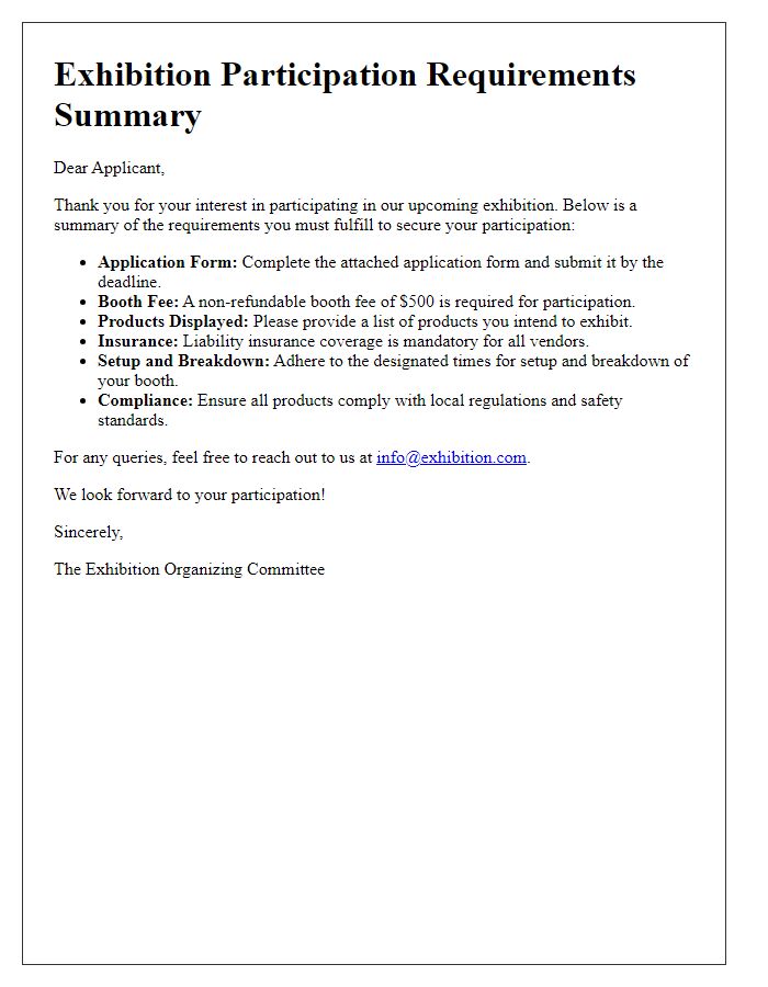 Letter template of exhibition participation requirements summary for applicants.