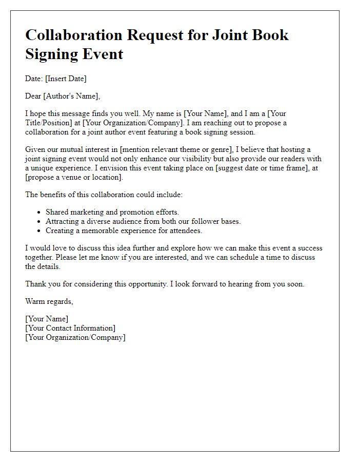 Letter template of collaboration request for joint author event book signing.