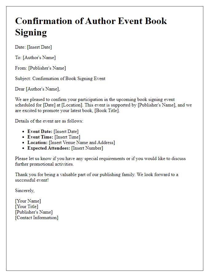 Letter template of confirmation for author event book signing with publisher's support.