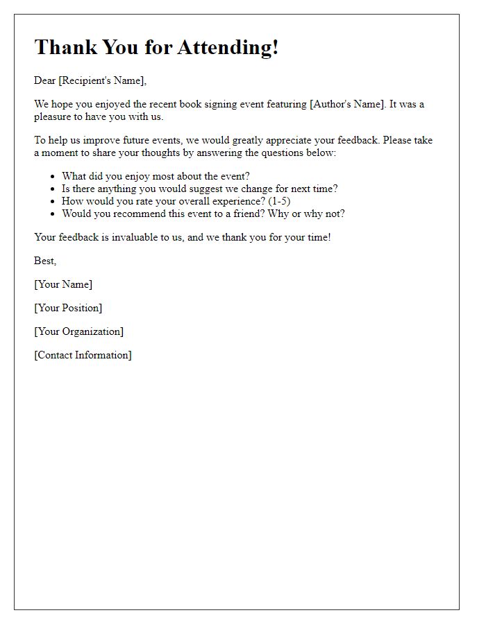 Letter template of feedback request after an author event book signing.