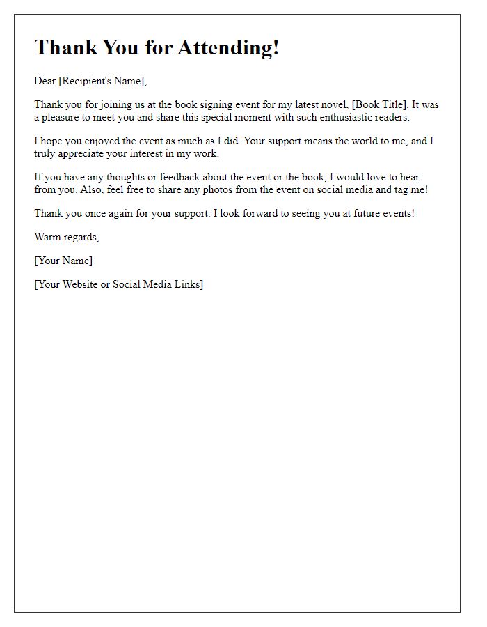 Letter template of follow-up for a successful author event book signing.