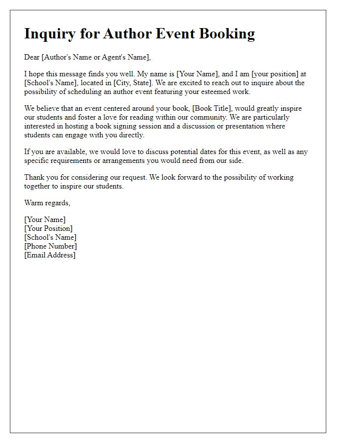 Letter template of inquiry for scheduling an author event book signing at a school.