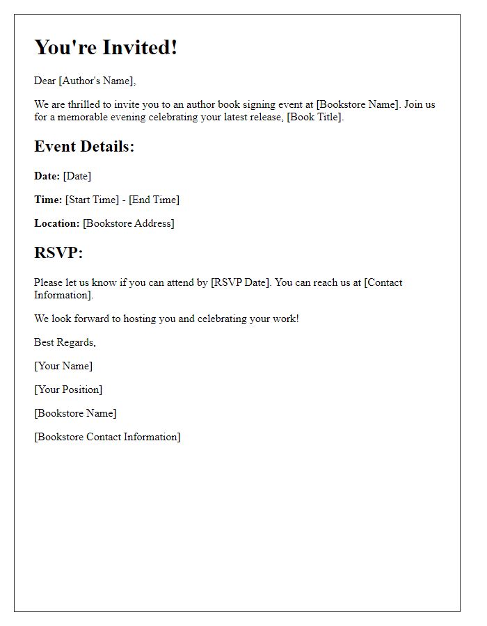 Letter template of invitation for author event book signing for local bookstore.