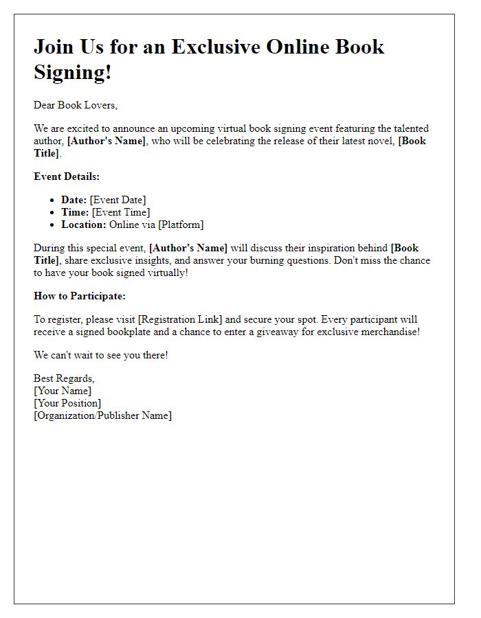 Letter template of promotion for an upcoming author event book signing online.