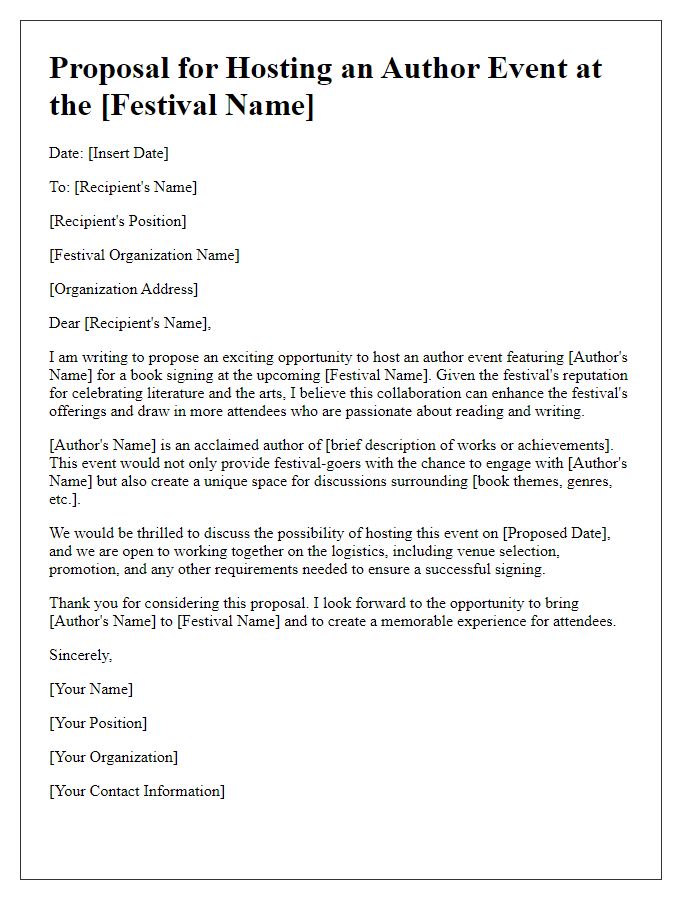 Letter template of proposal for hosting an author event book signing at a festival.