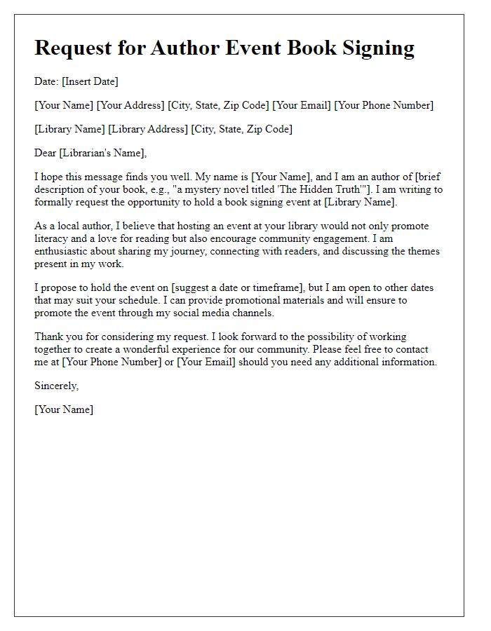 Letter template of request for author event book signing at a library.