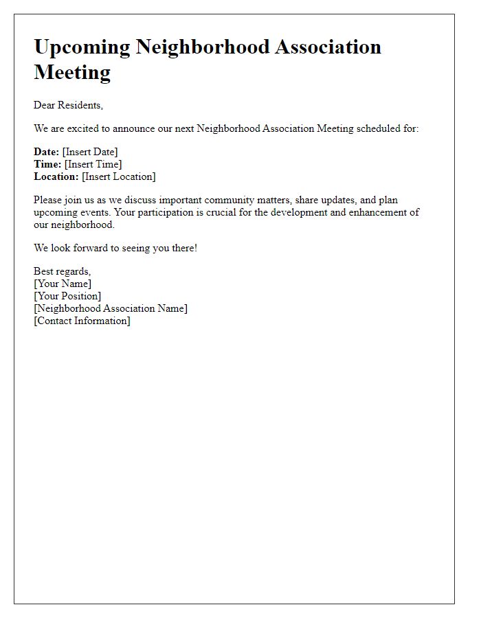 Letter template of announcement for upcoming neighborhood association meeting